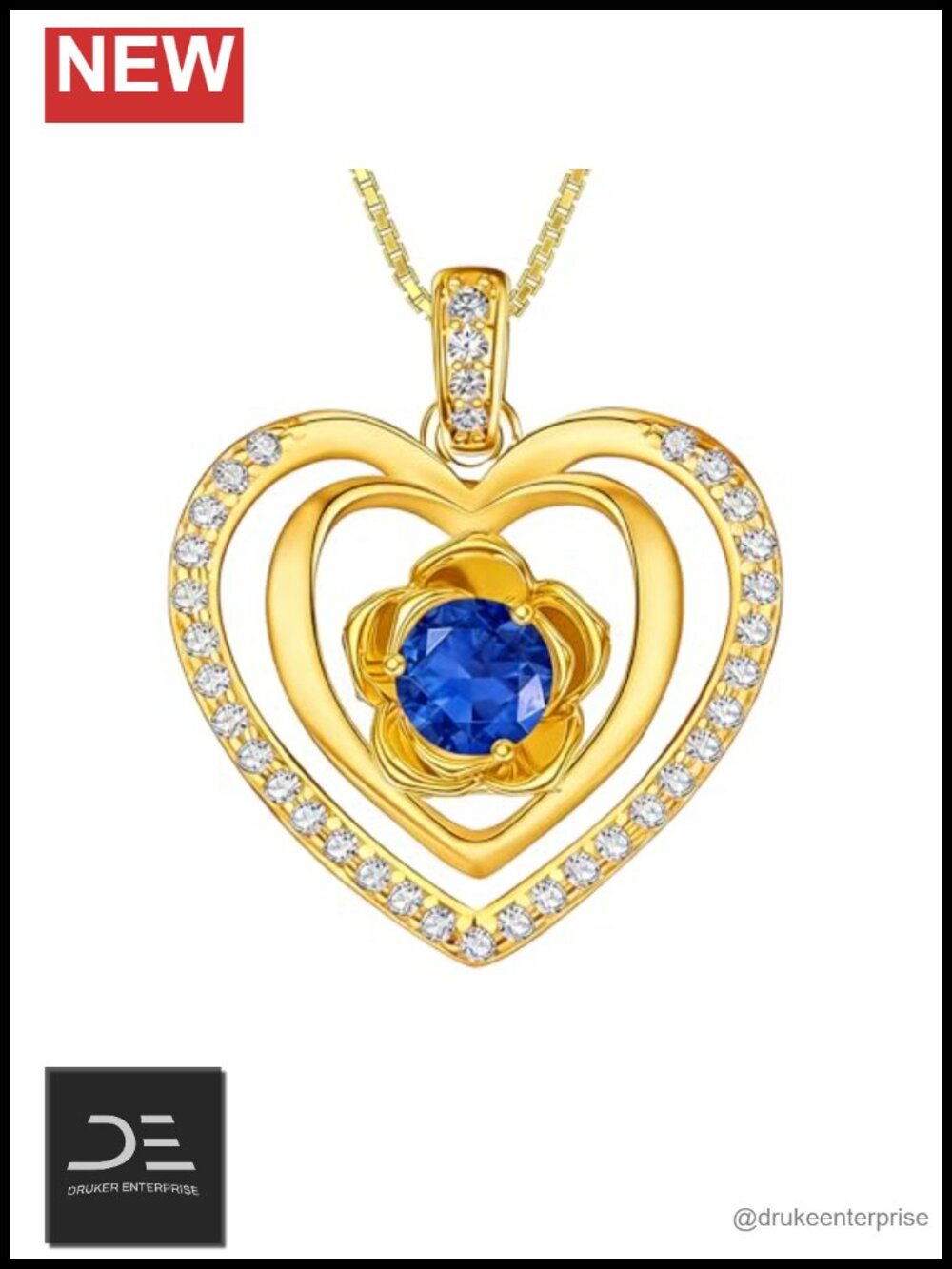 18K Yellow Gold Rose Pendant Sapphire Birthstone Necklace Adjustable Chain